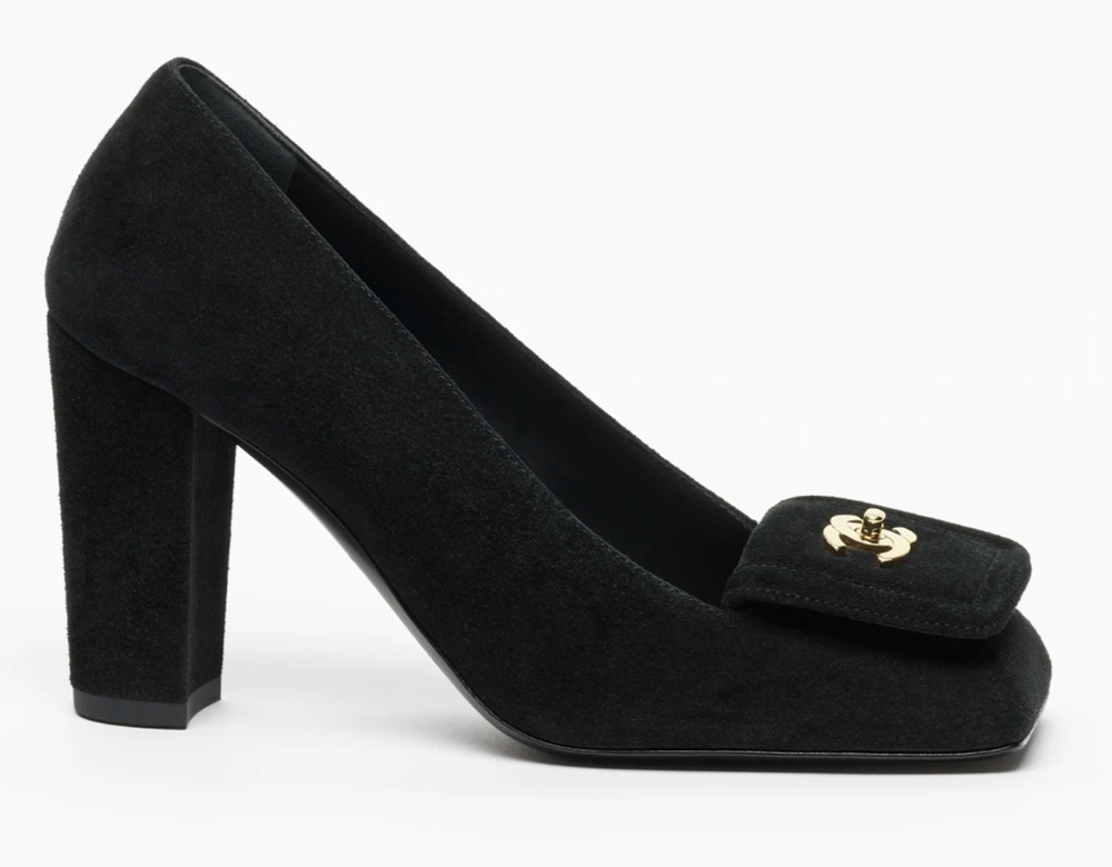 Chanel 26S Blazy Black Suede Square Toe Turnlock Gold CC Logo Block Heel Pump 38